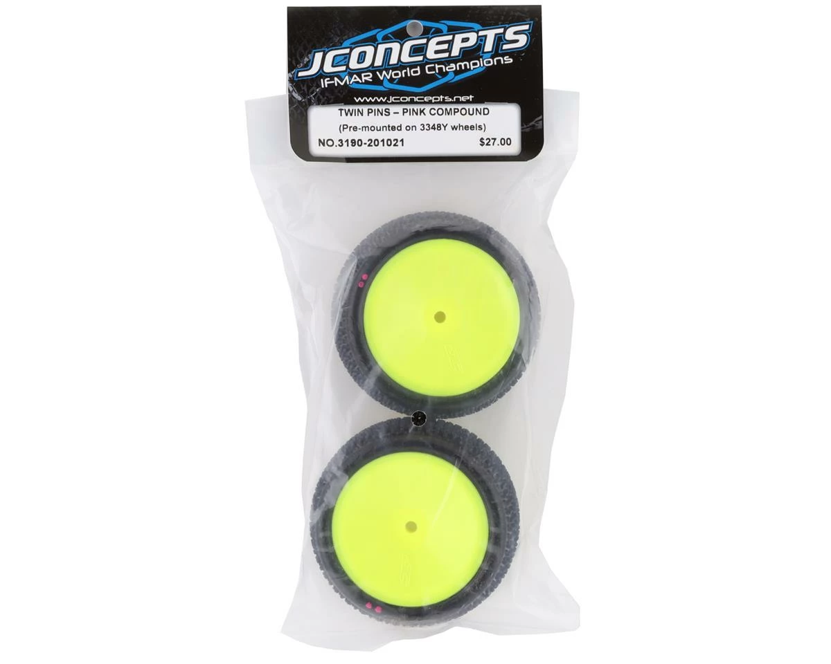 JCONCEPTS Twin Pins 2.2" Pre-Mounted Rear Buggy Carpet Tires (Yellow) (2) (Pink) W/12mm Hex - Image 3