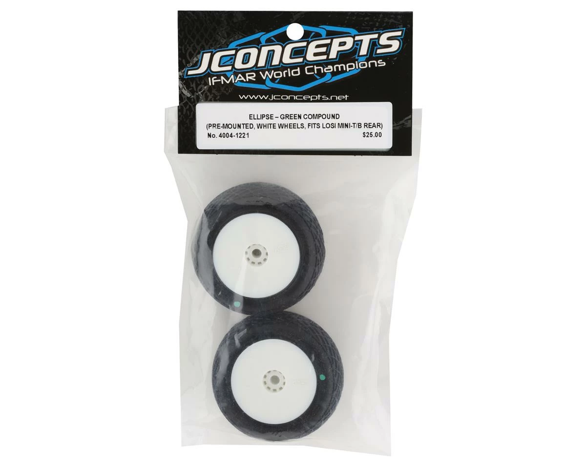 JCONCEPTS Mini-B/Mini-T 2.0 Ellipse Pre-Mounted Rear Tires (White) (2) (Green) - Image 3
