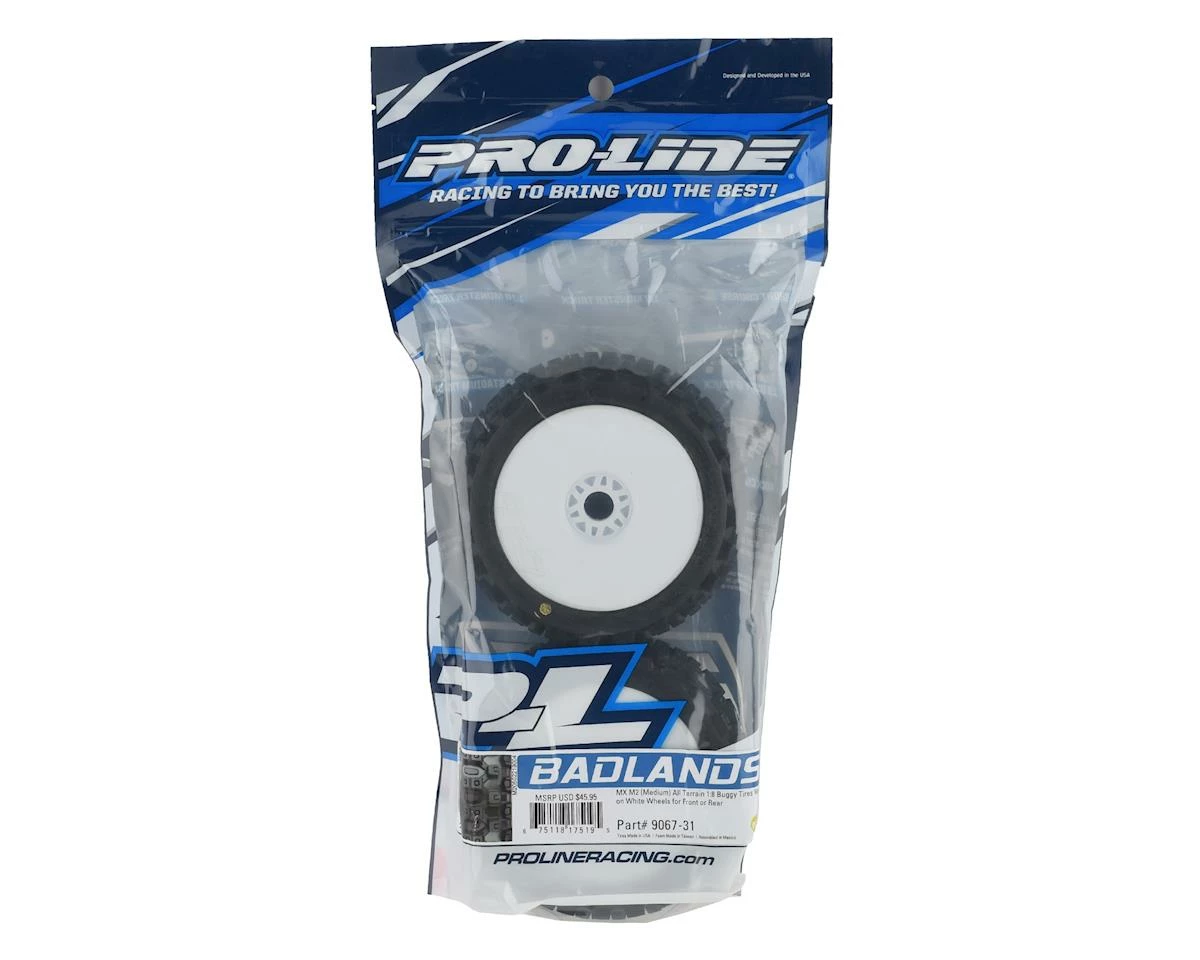 PRO-LINE Badlands MX Pre-Mounted 1/8 Buggy Tires (White) (2) (M2) W/Velocity V2 Wheel - Image 3