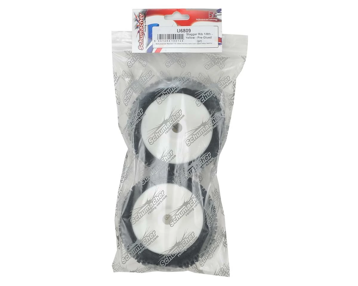 Schumacher Pre-Glued Stagger Rib 1/8 Buggy Tires (2) (Yellow) - Image 3